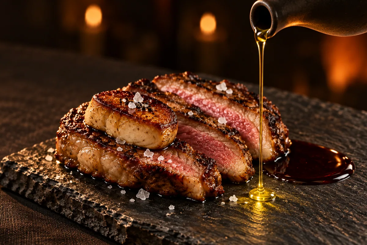 Presa ibérica sobre pizarra con el hilo de aceite de oliva cayendo desde la aceitera de cerámica.
