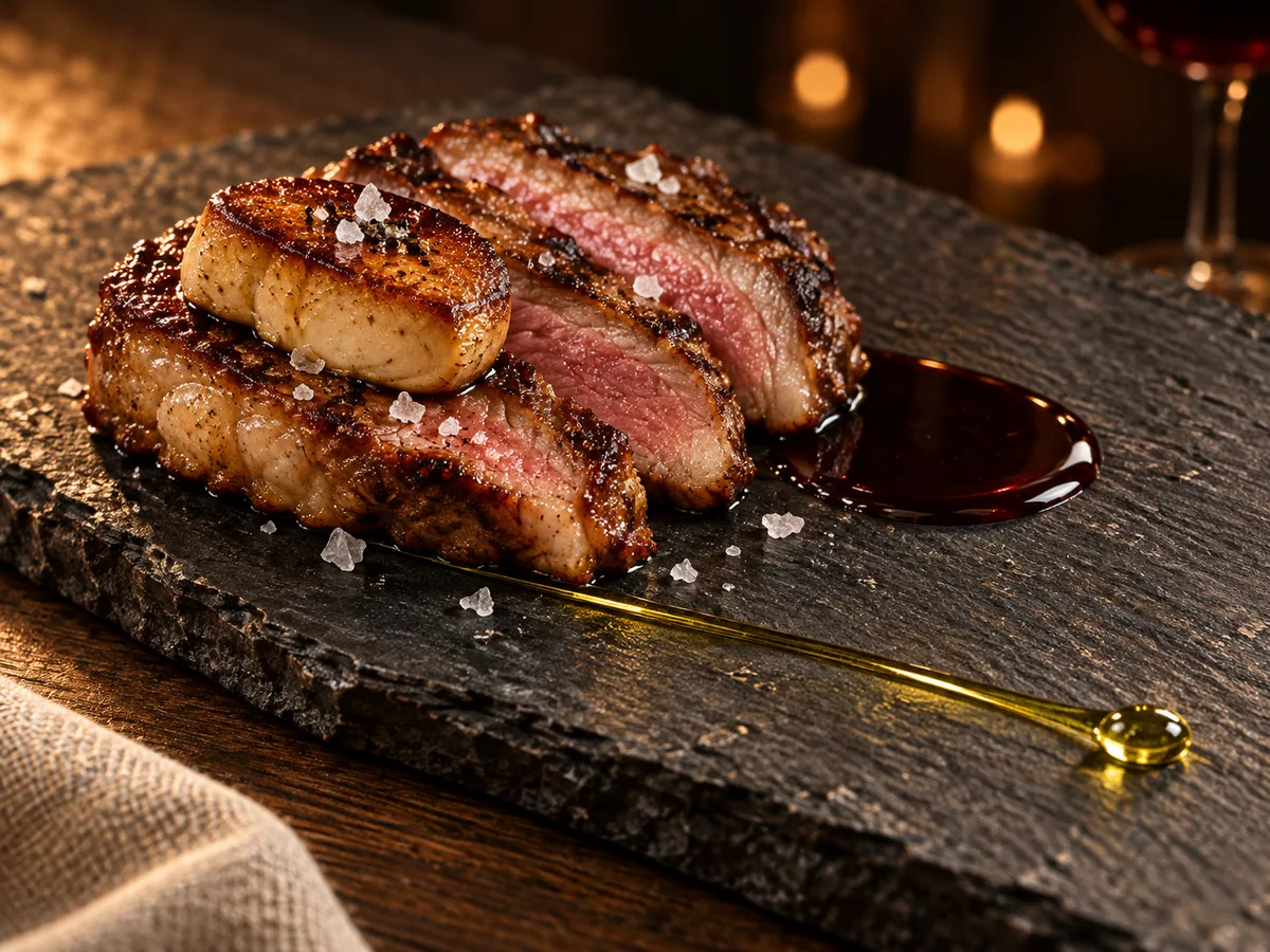 Presa ibérica de la dehesa marcada a la brasa, plato insignia de Casa Áurea.