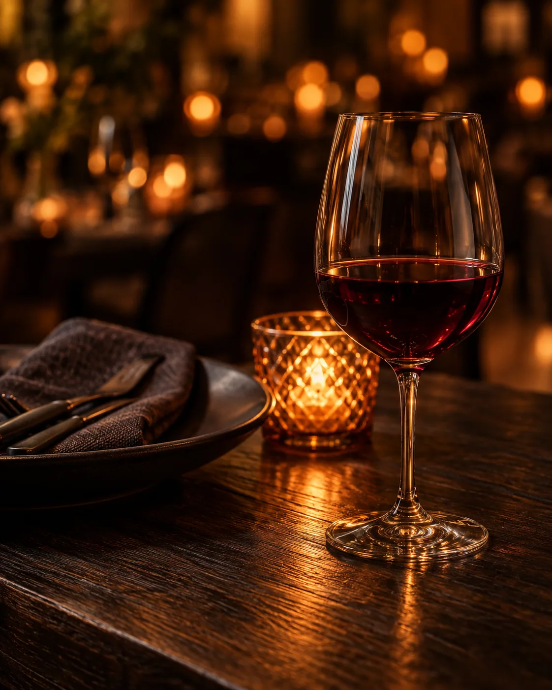 Copa de vino tinto sobre una mesa de madera servida para la cena.