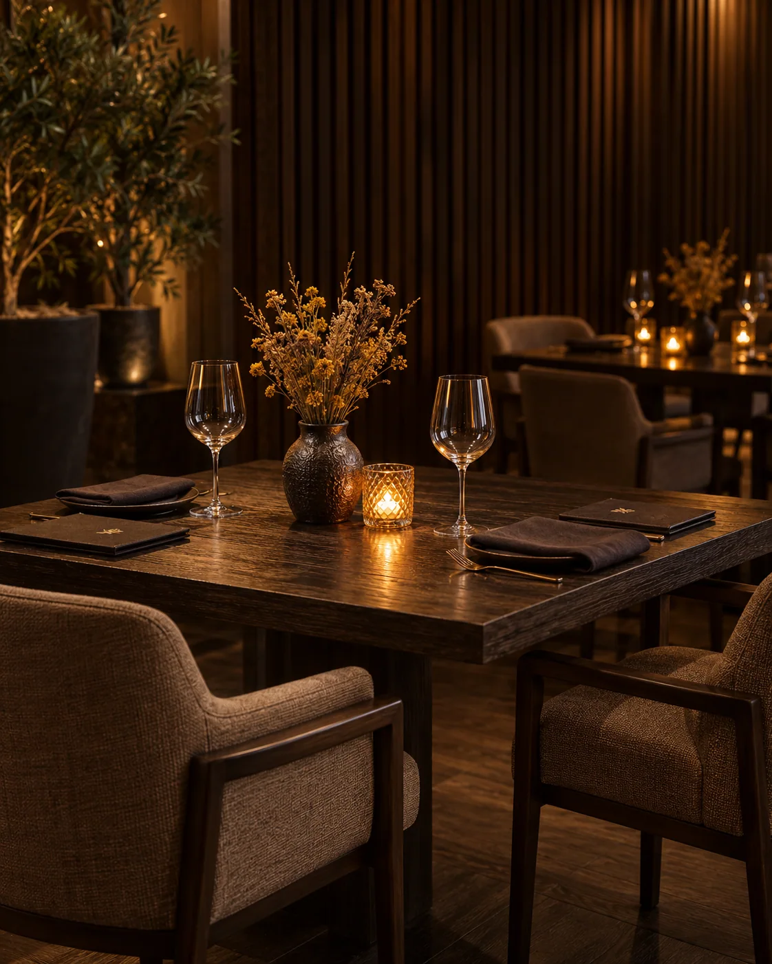 Comedor de Casa Áurea con luz cálida de vela.