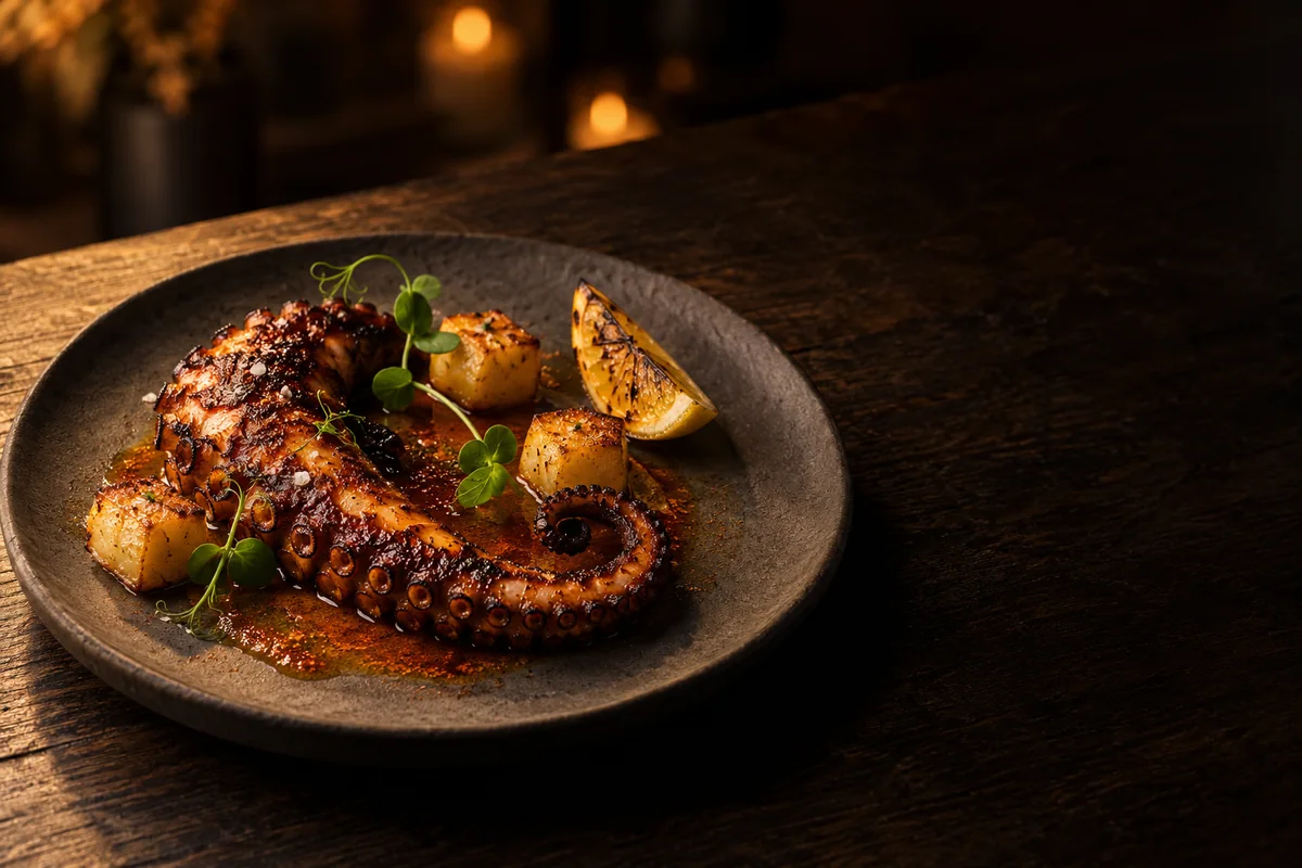 Pulpo braseado sobre plato de cerámica mate.