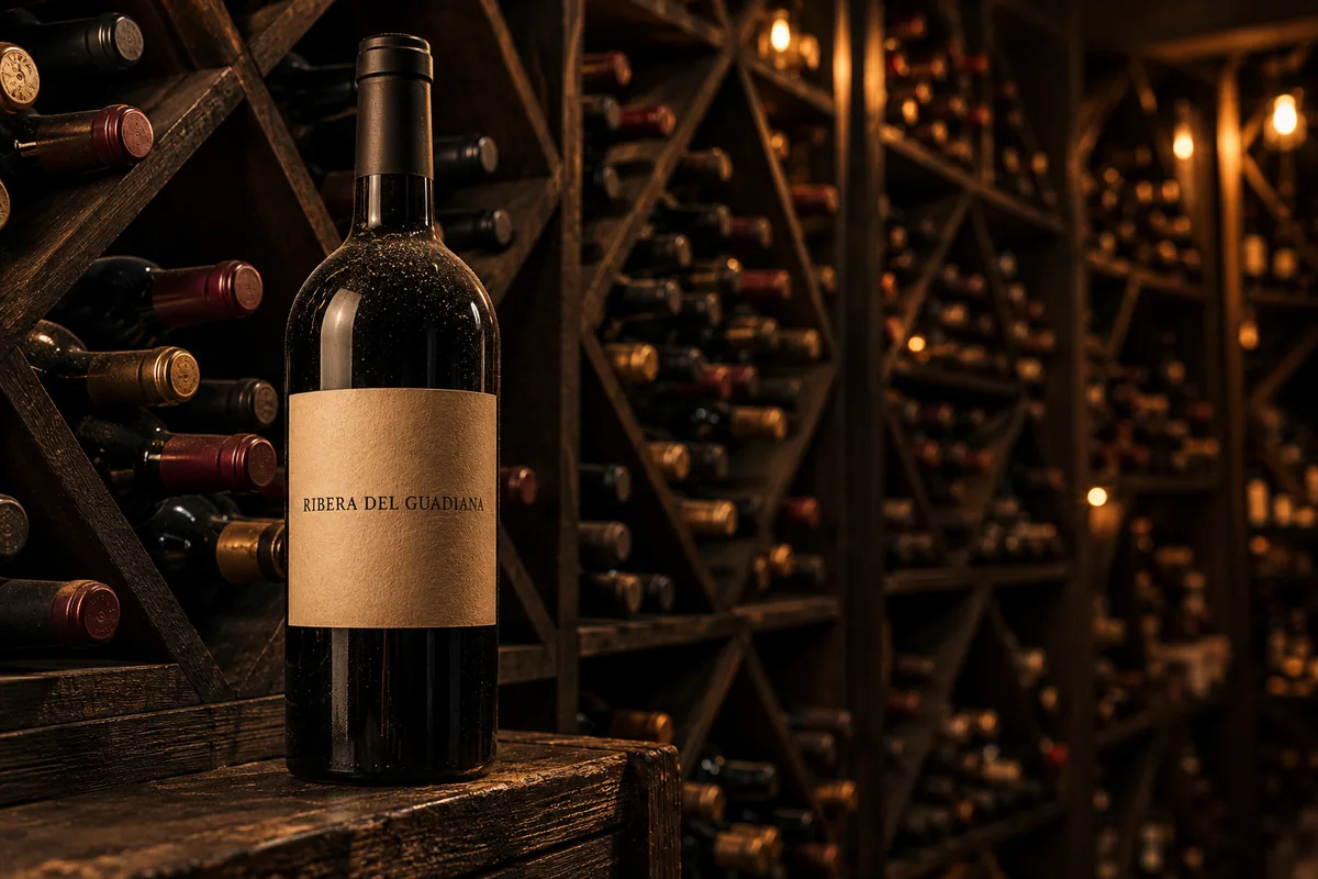Bodega de Casa Áurea con un vino de la Ribera del Guadiana en primer plano.