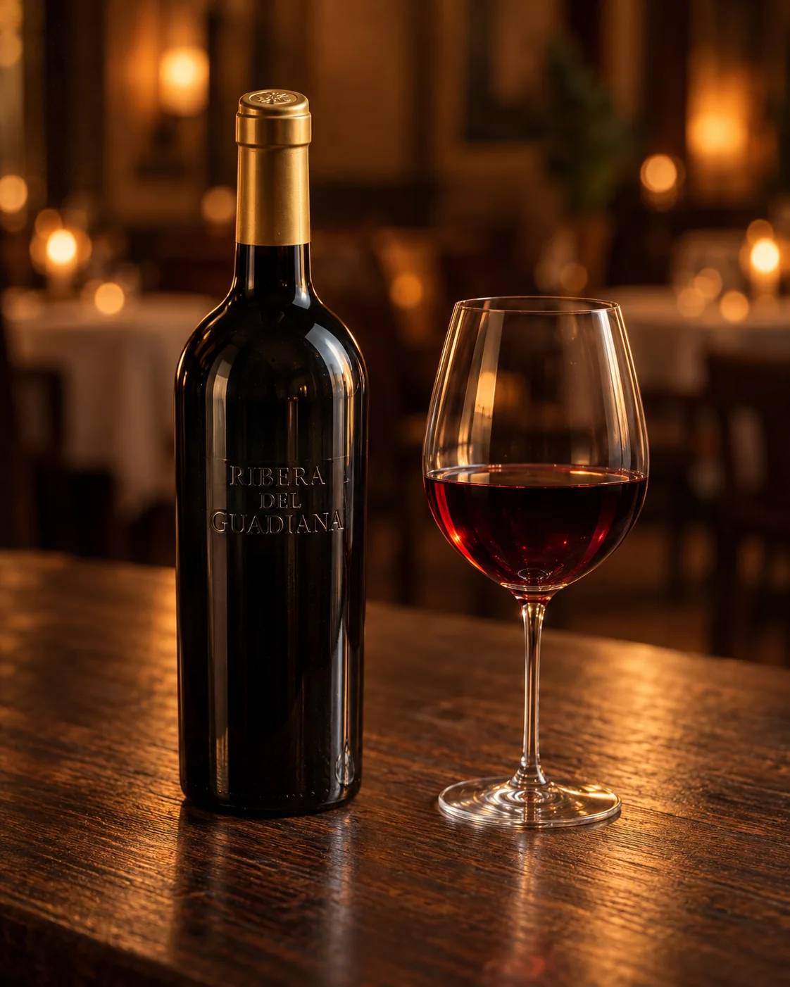 Botella de vino y copa servida en una mesa de la sala de Casa Áurea.