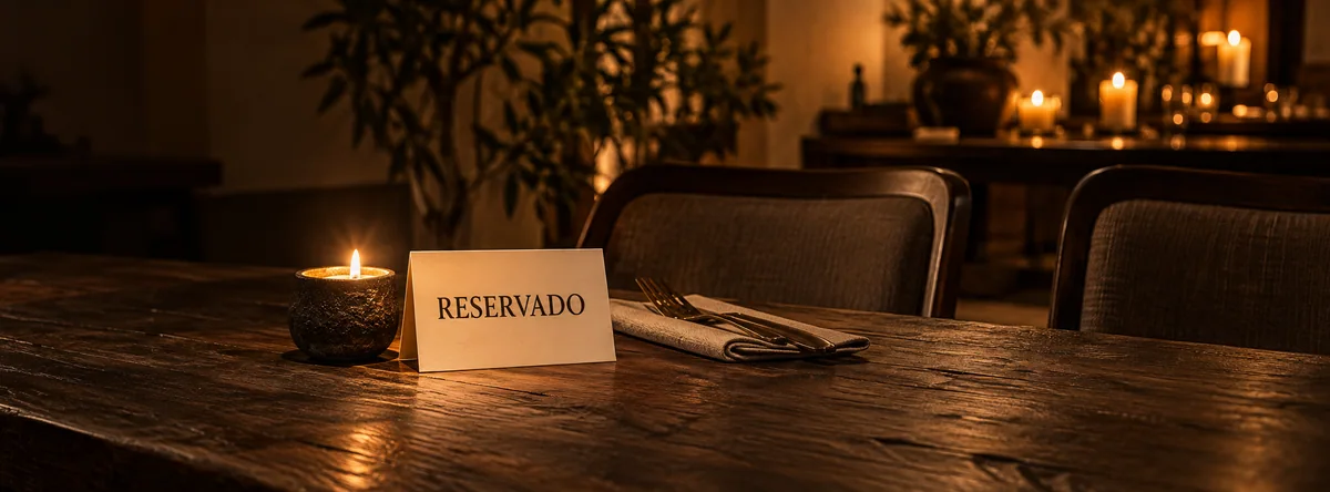 Mesa reservada con tarjeta de reserva y vela encendida en Casa Áurea.